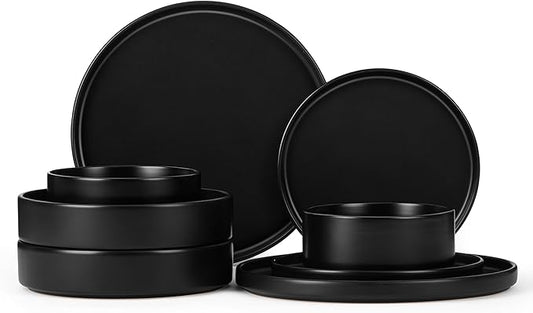 Herogo Dinnerware Sets with Pasta Bowls for 2, 8 Piece Dinner Salad Plates and Cereal Bowls, Stoneware Serving Dishes Dinner Ware for Home Kitchen, Dishwasher & Microwave Safe Dishware, Matte Black