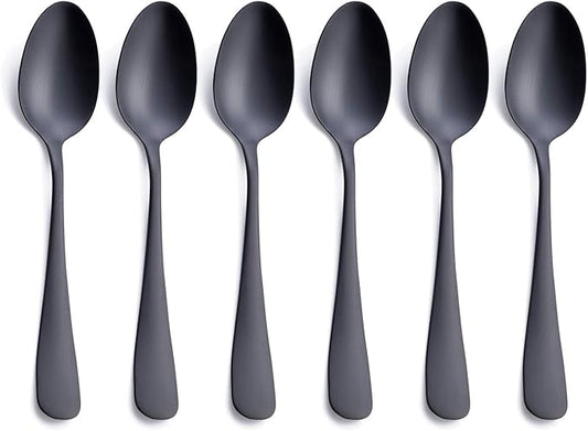 Matte Black Dessert Spoon, GoGeiLi Stainless Steel Satin Finish 6.8-inch Teaspoon Coffee Spoon Set, Service for 6, Dishwasher Safe