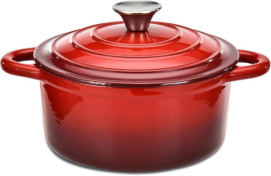 Hamilton Beach 3-Quart Enameled Cast Iron Dutch Oven with Lid | Heavy-Duty Pot for Braising, Roasting & Baking | Red