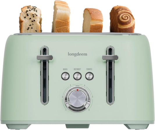 4-Slice Toaster 1.5" Extra Wide Slot Stainless Steel with High Lift Lever, 6 Presets & Bagel/Defrost/Cancel Function, Removal Crumb Tray, Under Base Cord Storage, Green