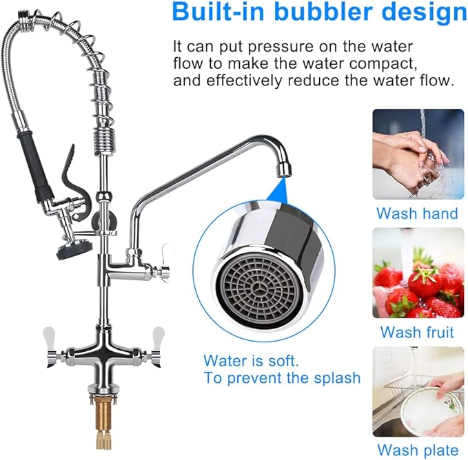 27 inch Height Deck Mount Commercial Faucet with Pre Rinse Sprayer, Single Hole Commercial Restaurant Kitchen Sink Faucet with 12” Swing Spout for Commercial Kitchens Restaurant Hotel