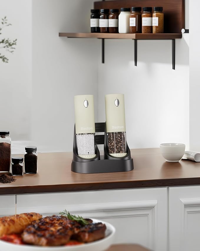 Electric Salt and Pepper Grinder Set with Dual Charging Base, 6 Adjustable Coarseness Levels & External Grind Settings, One-handed Operation Salt and Pepper Mills with LED Light,Beige
