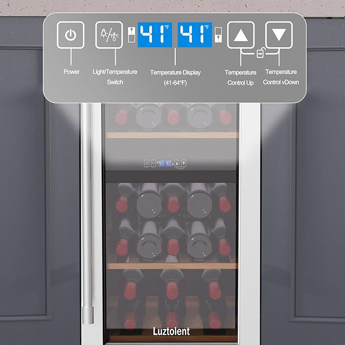 26 Bottles Wine Cellar, 15 Inch Compressor Wine Cooler with Dual Zone, Built-in or Under Counter, 41-64°F Digital Touchscreen, Triple-Layer Glass, Wine Fridge in Cabinet