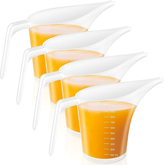 4 Pack Plastic Funnel Pitcher,Measuring Cup with Long Spout,Large Capacity Easy Pour Cup,Perfect for Bakeware Mold,Oils,Watering Plants(1000ml)