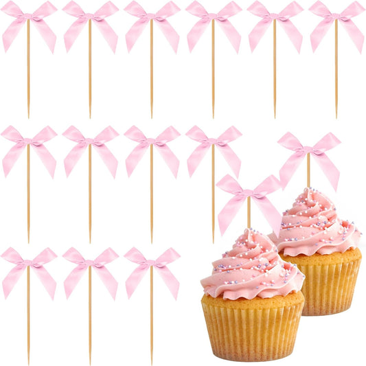 Pink Bow Cupcake Toppers, 40 Pcs Bow Cake Topper Birthday Decorations Bowknot Cupcake Picks for Coquette Theme Party Decoration Bachelorette Bridal Engagement Wedding Baby Shower Party Decor