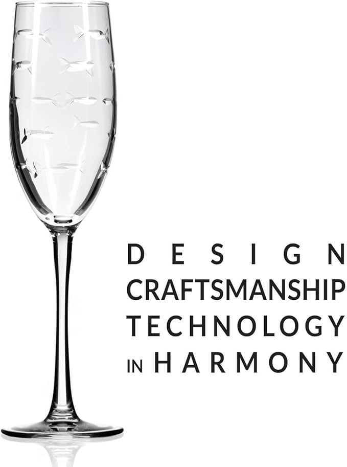 Rolf Glass School of Fish 8oz Champagne Flute Glass | Toasting Flute Glasses | Lead-Free Glass | Etched Flute Glasses | Proudly Made in the USA (Set of 4)