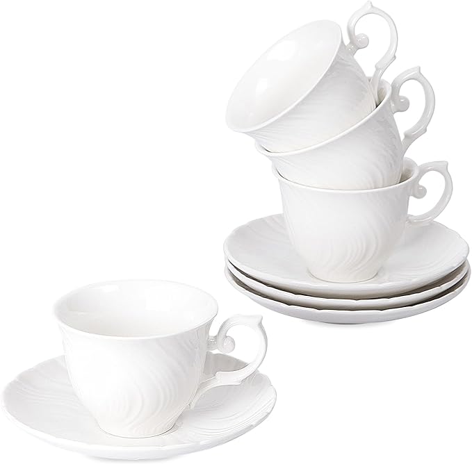 Tea Cups Set Of 4, Tea Cup And Saucer Set,6oz for Tea,Coffee, Latte, Cafe Mocha, Porcelain Tea Party Set (Pure white set of 4)