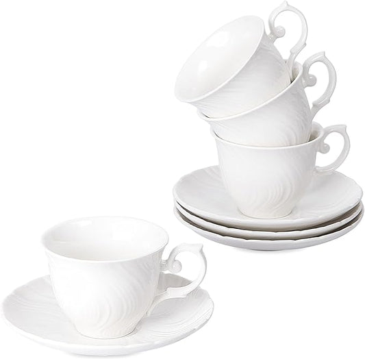 Tea Cups Set Of 4, Tea Cup And Saucer Set,6oz for Tea,Coffee, Latte, Cafe Mocha, Porcelain Tea Party Set (Pure white set of 4)