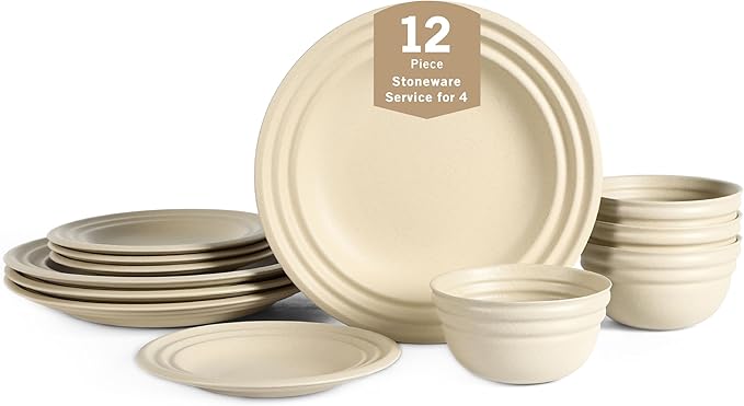 Stone Lain Zen Stoneware 12-Piece Dinnerware Set, Service for 4, Beige, Includes Salad -, Dinner Plates & Bowls, Textured Sand Finish, Microwave & Dishwasher Safe