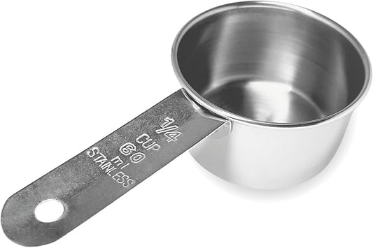 1/4 Cup Stainless Steel Measuring Cup | Sturdy Metal 60 ml | 60 cc | 2 oz | Single Cup for Wet and Dry Ingredients | Great for use as 1/4 Cup Dog Food Scoop - 1 PK