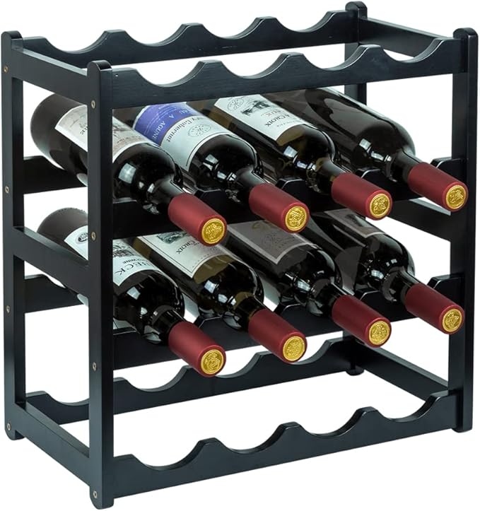 Bamboo Wine Rack, Sturdy and Durable Wine Storage Cabinet Shelf, Wine Racks Countertop for Pantry - 4 Tiers 16 Bottle Wine Rack Black