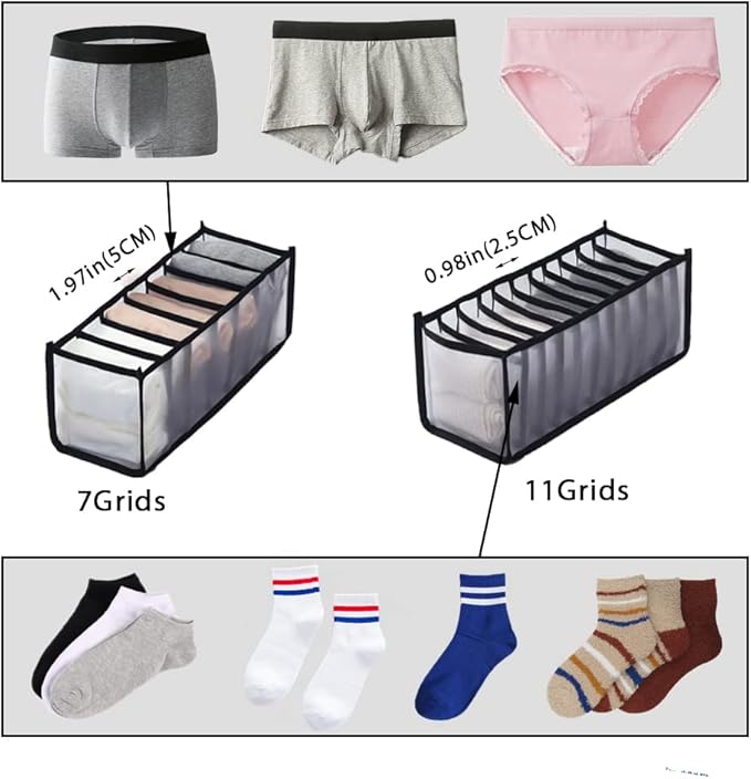 HSLFUAI Pack of 3 Mesh Drawer Organizer Underwear Drawer Organizer Socks Compartment Storage Mesh Clothing Sorting Drawer Divider Organizer(7Grids+7Grids+11Grids)