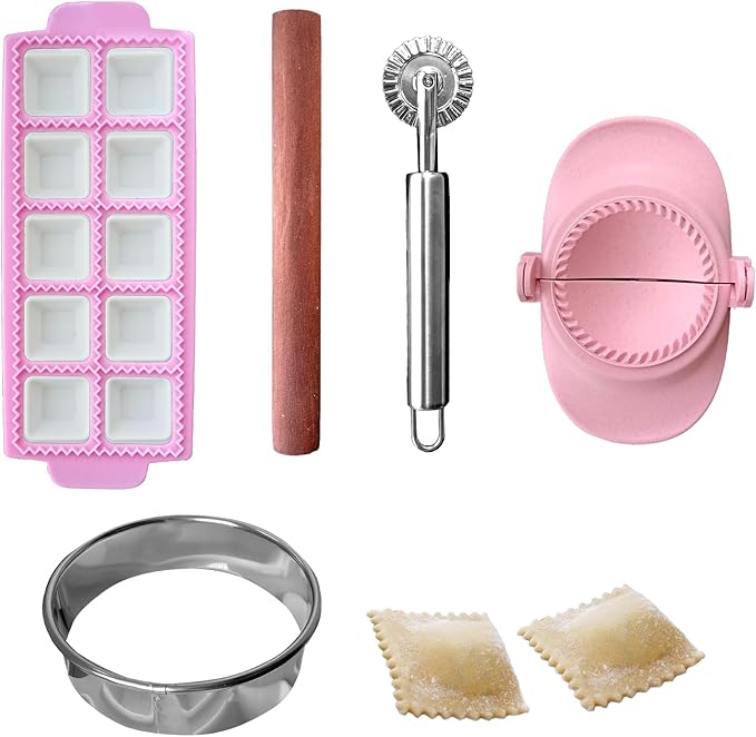 Ravioli Maker Press, Ravioli Press Mold Set, 1.4" Squares Ravioli Stamp Maker Cutter with Wood Rolling Pin, 2.6" Empanada Maker Press Kit with Dough Cutter and Ravioli Wheel, Makes 10 Ravioli