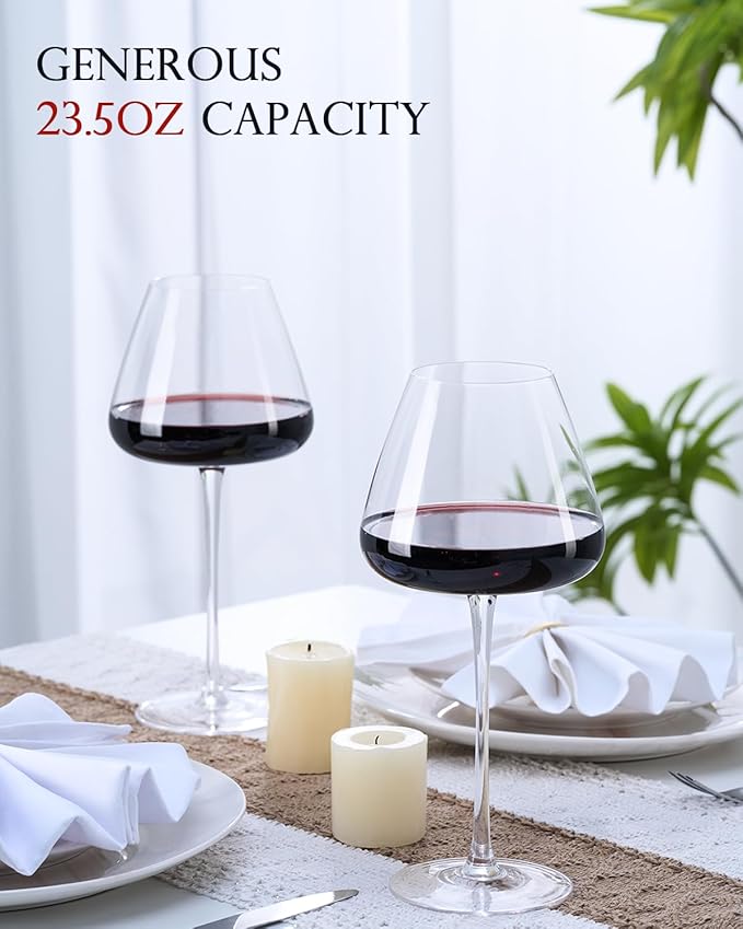 Hand-Blown 23.5OZ Crystal Wine Glasses Set of 4 for Pinot Noir, Burgundy, Bordeaux, Large Lead-Free Crystal Glasses with Unique Bottom Design for Red, White Wine, Big Oversized Glasses