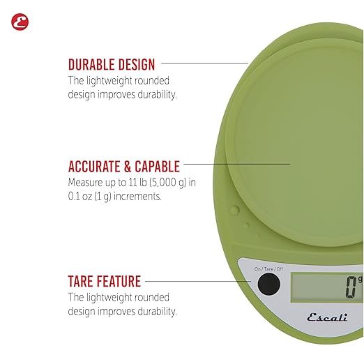 Escali Primo Digital Food Scale Multi-Functional Kitchen Scale and Baking Scale for Precise Weight Measuring and Portion Control, 8.5 x 6 x 1.5 inches, Tarragon Green