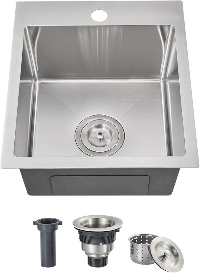 ROVOGO 15x17x8 in. Drop in Bar Prep Sink 304 Stainless Steel, 1-Hole Single Bowl Kitchen Sink with Basket Strainer, Small Secondary Entertainment Wet-Bar Sinks, Brushed