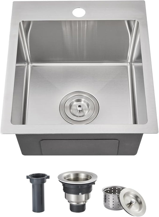 ROVOGO 15x17x8 in. Drop in Bar Prep Sink 304 Stainless Steel, 1-Hole Single Bowl Kitchen Sink with Basket Strainer, Small Secondary Entertainment Wet-Bar Sinks, Brushed