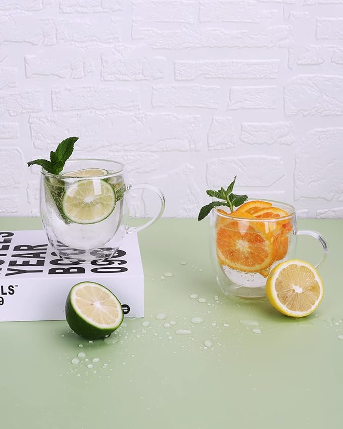 LIBWYS 4 Pack 250ml Double Walled Glass Coffee Mugs with 4 Spoons, Cappuccino Latte Tea Cups with Handle, Heat Resistant Drinking Glasses