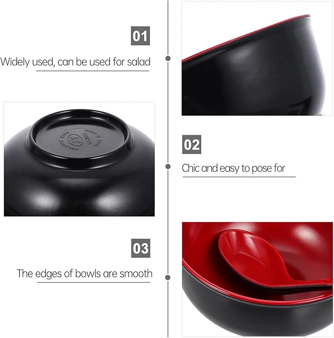 Practical Melamine Ramen Bowls with Spoons Black Red Soup and Rice Bowls Non-absorbent Asian Noodle Dinnerware for Hot Food Easy to Clean Kitchen Container Kit