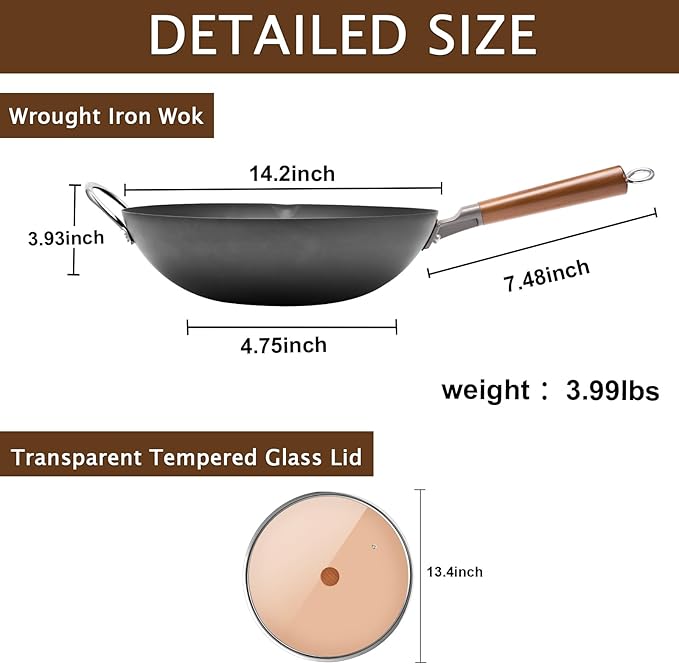 WANGYUANJI 14.2-Inch Pure Iron Wok with Lid, Flat-Bottom Uncoated Stir-Fry Pan for Induction/Gas/Electric, Traditional Chinese Wok with Tempered Glass Lid & Wood Handle