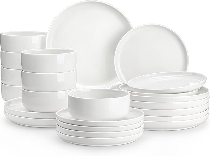 MALACASA Plates and Bowls Sets, 24 Pieces Modern Porcelain Dinnerware Set for 8, Ceramic Dishware Dishes White Kitchen Dinner Dining Ware Set, Microwave and Dishwasher Safe, Series LUNA