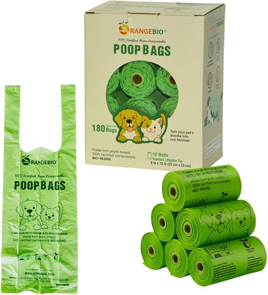 OrangeBio Dog Poop Bags with Handles, Scented, 100% Certified Home Compostable, 13 x 9 Inches - 180 Count (15 Bags per Roll, 12 Rolls), OK Compost Home