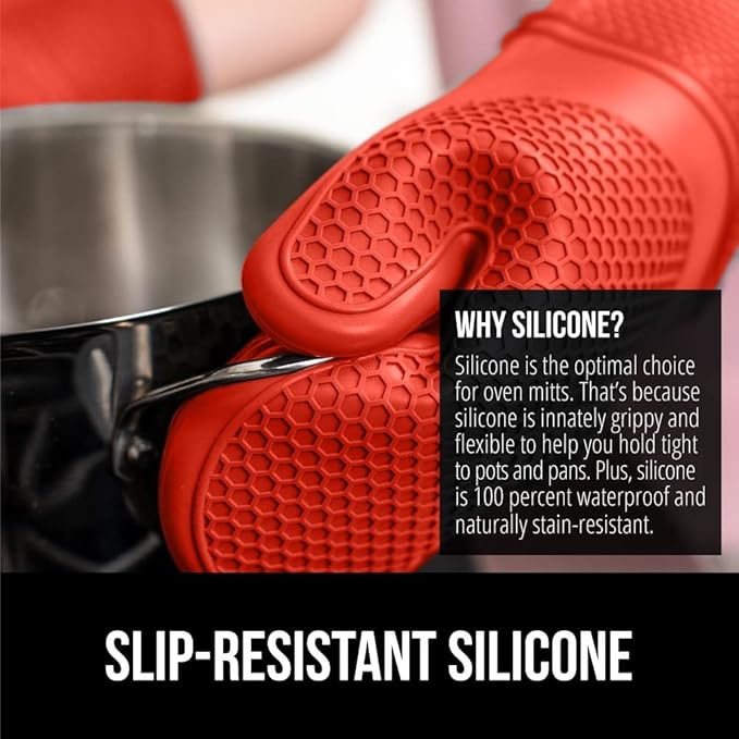 GORILLA GRIP BPA-Free Soft Silicone Oven Mitts, Heat Resistant and Waterproof Cooking Gloves, Thick Cotton Lining, Flexible Gripping for Baking Grilling, Kitchen Potholders Set of 2, 12.5x8.3, Coral