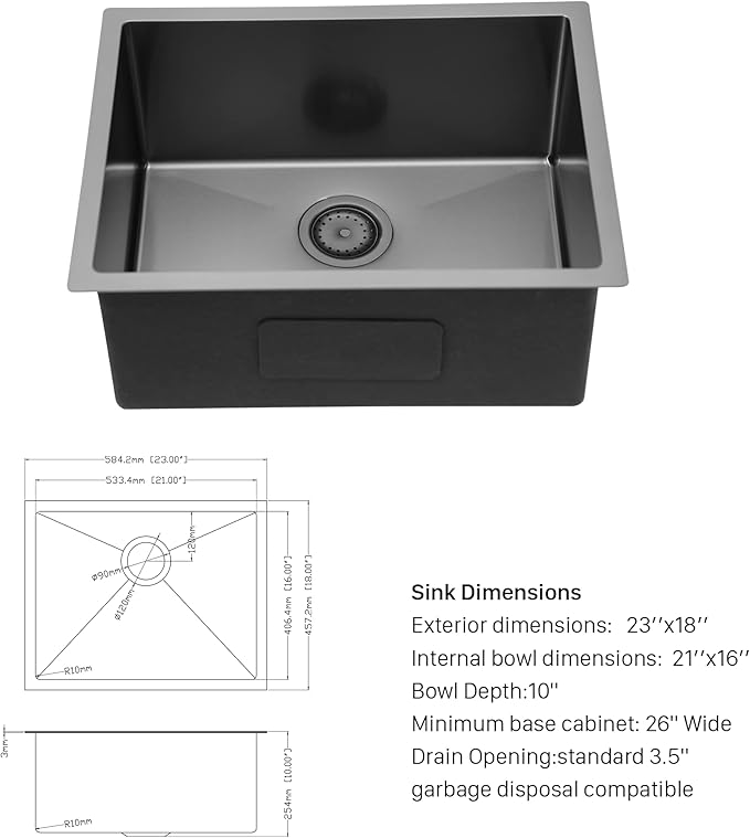 Lordear 23 Black Kitchen Sink Undermount 23x18 Inch Undermount Bar Sink Gunmetal Black 16 Gauge Stainless Steel Single Bowl Handmade Kitchen Sinks Basin