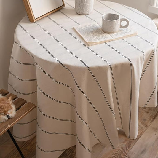 ArtBud Cotton Linen Table Cloths Boho Farmhouse Heavy Fabric Table Cover Burlap Striped Washable Table Top for Parties Coffee Kitchen Picnic Round, 60"(4-6 Seats)