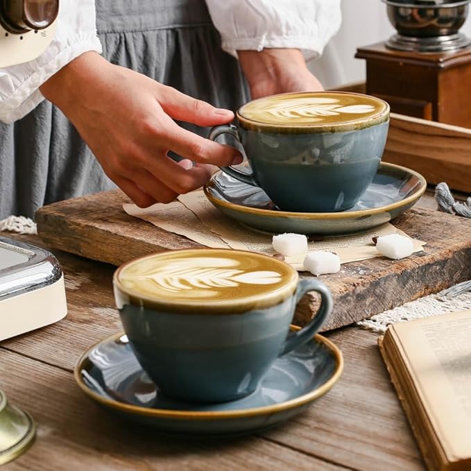 SHUER Ceramic Cappuccino Cup Set of 4, 7.8 OZ Cups and Saucers Set,Coffee Mocha Cup Sets,Black Coffee Cups and Glaze Americano Mugs Great for Party and Low Tea Time (Blue 220ml)