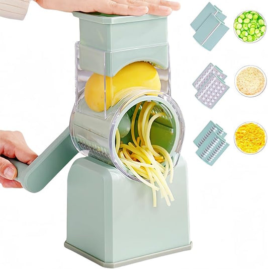 Rotary Cheese Grater with Handle,Replaceable Stainless Blades Cheese Shredder,Multi-Functional Cheese Vegetable Slicer with Storage Box,Easy to Clean Kitchen Gadgets with Storage Box (Green, 3 Blades)