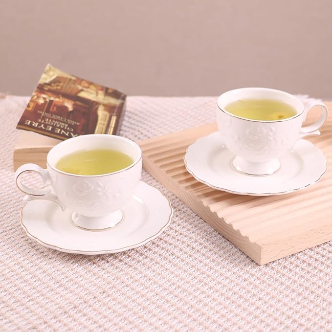 GuangYang 12 Pieces Fine Porcelain Unique Embossed Rose Tea Cups and Saucers set of 6 Special Handmade Gold Line Ceramic Cup for Cappucino