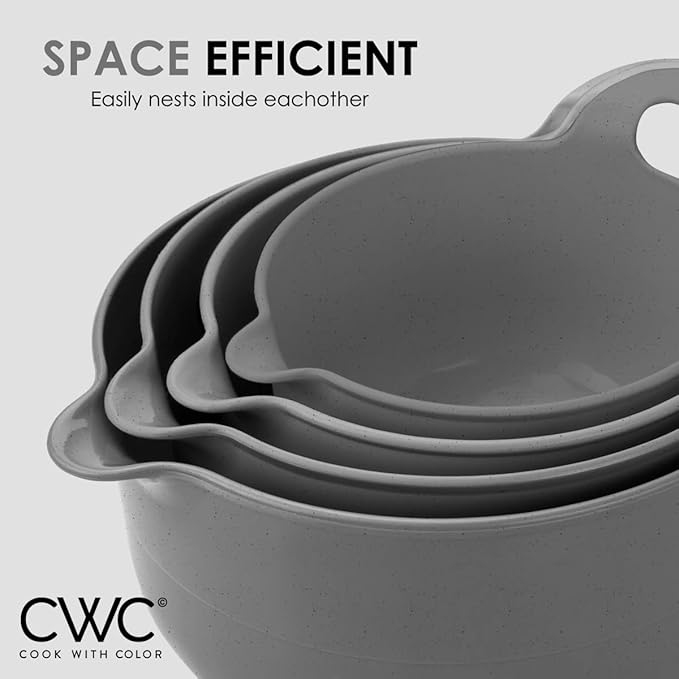 COOK WITH COLOR Nesting Plastic Mixing Bowl Set with Pour Spouts and Handles, Speckled Charcoal, 4 Piece