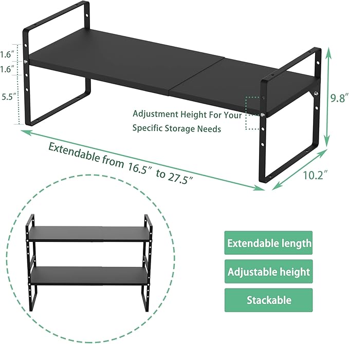 Redrubbit Large Expandable Cabinet Shelf Organizers, Stackable Kitchen Counter Shelves Spice Rack for Kitchen Bathroom Pantry Cupboard Desk Home Office, Black-2 Pack