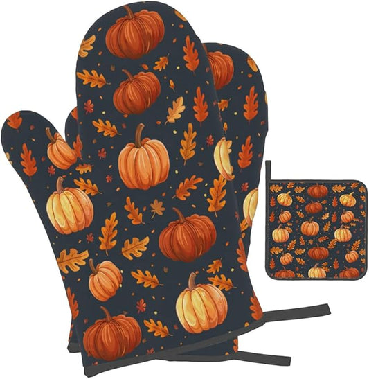 Oven Mitts Pot Holders Set 3 for Kitchen, Pumpkins Insulation Oven Gloves Heat Resistant Pot Pads Cook Essentials Accessories for BBQ Baking Cooking Kitchen Decor Gifts for Women