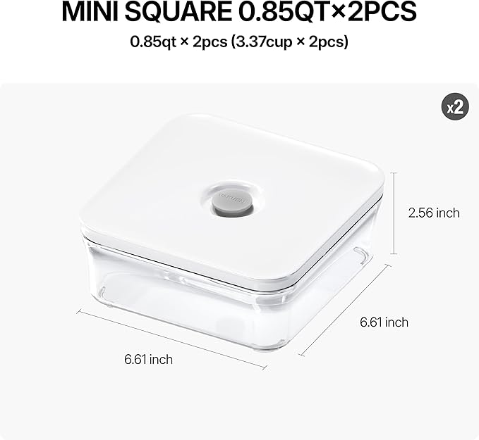VAKUEN Premium Airtight Food Storage Containers, Mini Square 2pc/set(0.85qt), Smart One-Click Seal Lid, No Hinges, 100% Leak Proof, BPA-FREE, Dishwasher, Freezer & Microwave Safe