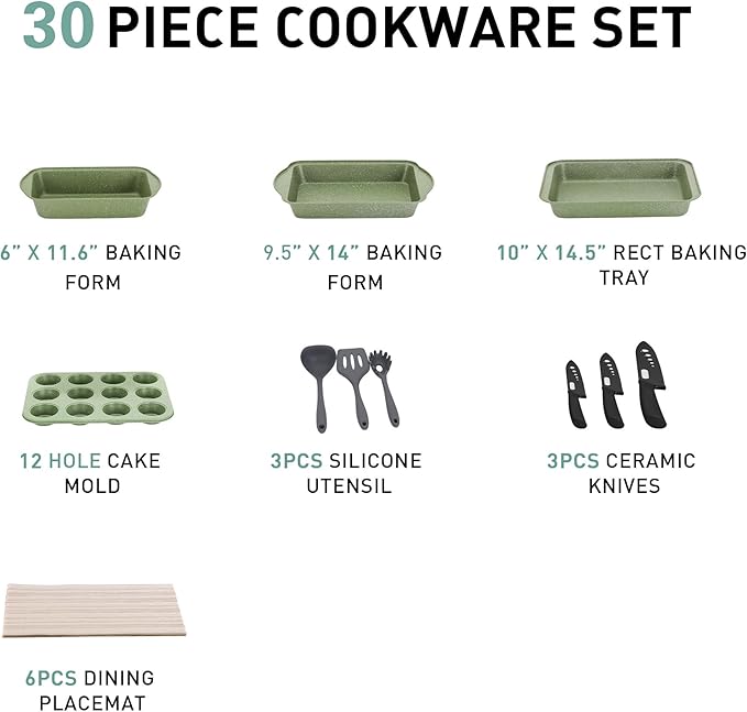 MAISON ARTS Pots and Pans Set Non Stick, 30 Piece Kitchen Cookware & Bakeware Sets with Granite Coating, Pots and Pans Sets for Cooking Nonstick, Green