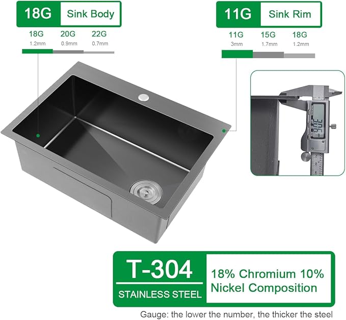 25x18x9 Inch Kitchen Sink, Handmade 304 Black Stainless Steel Single Bowl, Centre-Offset Drain, R10 Tight Corner, Drop in Kitchen Sink with Strainer & Bottom Grid