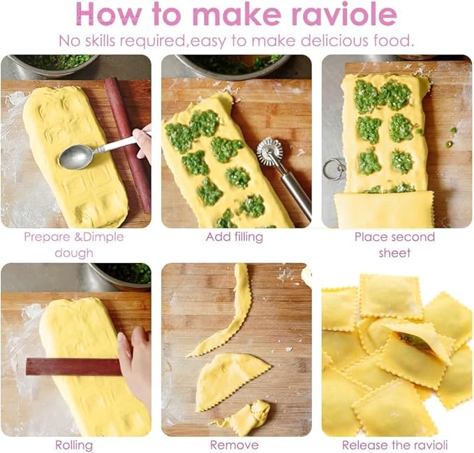 Ravioli Maker Press, Ravioli Press Mold Set, 1.4" Squares Ravioli Stamp Maker Cutter with Wood Rolling Pin, 2.6" Empanada Maker Press Kit with Dough Cutter and Ravioli Wheel, Makes 10 Ravioli