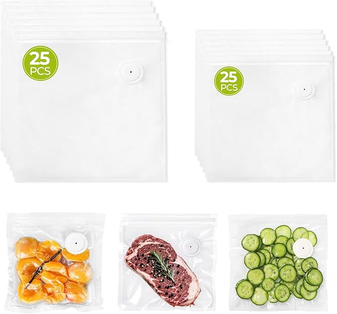Reusable Vacuum Sealer Bags for Food with Air Valve, 50 Pack BPA‑Free Food Saver Bags Dishwasher‑Safe, Freezer,Microwave, Odor-Resistant, Leak‑proof for Leftovers, Meal Prep, Sous Vide, BBQ