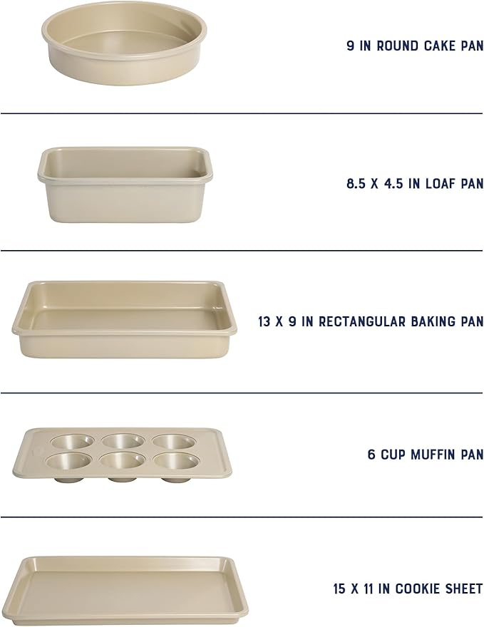 Oster Verlice 5 Piece Carbon Steel Baking Pans Bakeware Set W/Premium PFA Free Nonstick - Champagne Gold