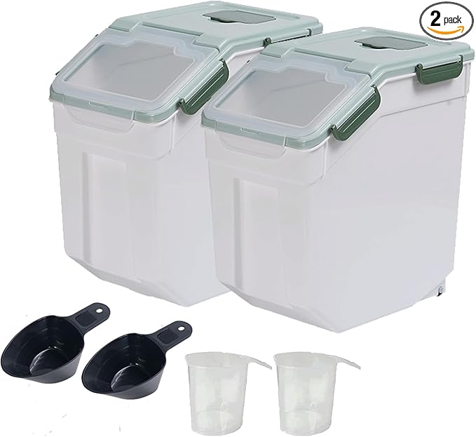 Large Flour Storage Container Bin 25lb, 2Pack Airtight Rice Storage Containers with Wheels Seal Locking Lid, BPA Free with Measuring Cup&Scoop for Flour, Rice, Grain(Green)