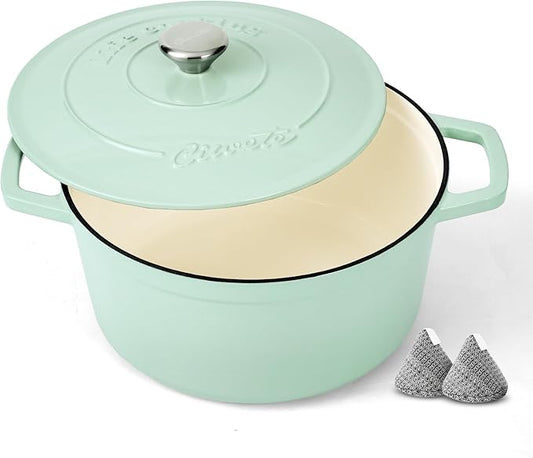 Enameled Cast Iron Dutch Oven – 4.4 Quart Pot with Lid & Potholders – Heavy-Duty Cookware for Bread Baking, Braising, Stews & Roasting – Oven & Stovetop Safe up to 500°F – Mint Green