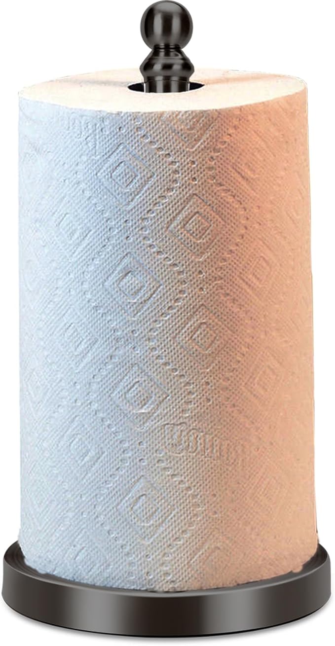 Black Paper Towel Holder Countertop, Standing Paper Towel Roll Holder for Kitchen Bathroom, with Weighted Base for One-Handed Operation, Stainless Steel in Black Matte Finish