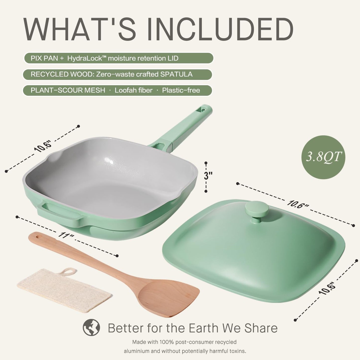 10.5 Inch(3.8QT) Ceramic Pan with Lid,Non Stick Frying Pans Cast Aluminum Deep Sauté Pans,Ti-Ceramic Non Toxic Pix Pan with Wooden Spatula and Scrubber-Mint Haze
