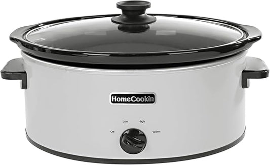 HOMECOOKIN 6 Quart Slow Cooker Oval Manual Pot Food Warmer with 3 Cooking Settings, White Stainless Steel