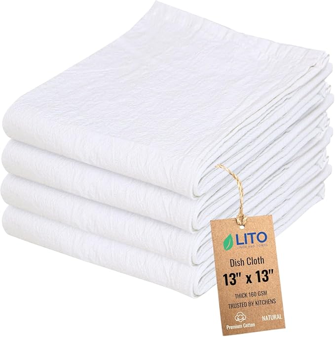 Dish Cloths Cotton| Kitchen Wash Cloth | Shop Towels Absorbent and Lint Free Flour Sack| Dishcloths for Kitchen Washing Dishes| Thick Absorbent Quick Dry Dish Rags | 4 Pack 13"x13" Natural
