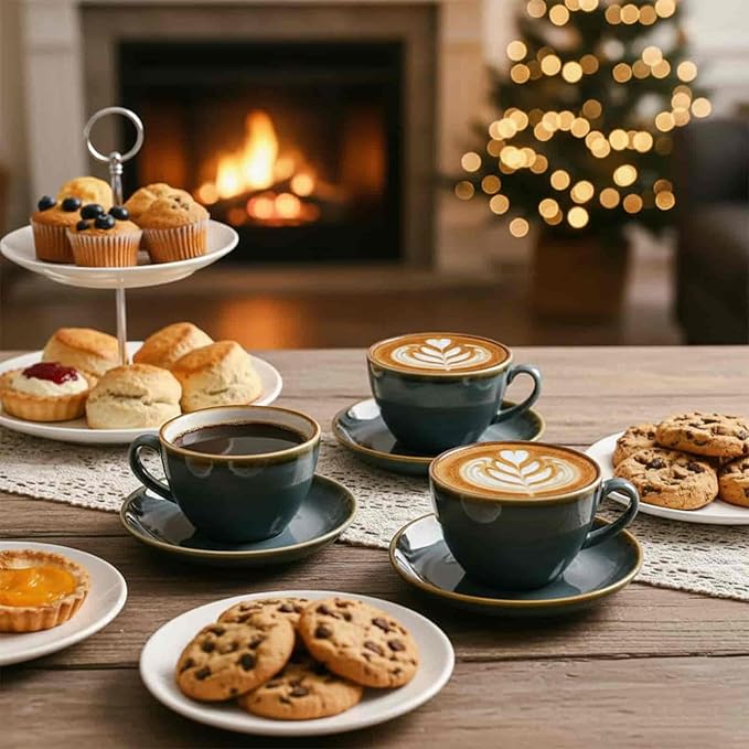 SHUER Ceramic Cappuccino Cup Set of 4, 7.8 OZ Cups and Saucers Set,Coffee Mocha Cup Sets,Black Coffee Cups and Glaze Americano Mugs Great for Party and Low Tea Time (Blue 220ml)