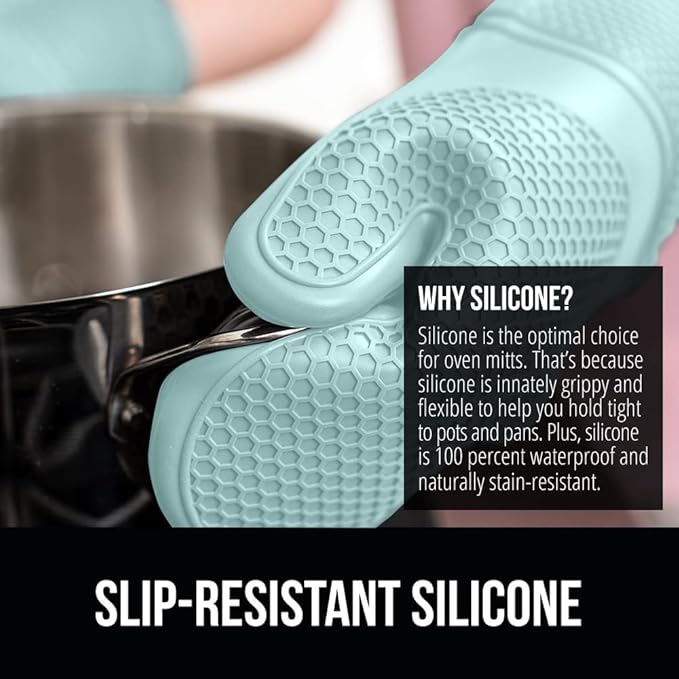 GORILLA GRIP BPA-Free Soft Silicone Oven Mitts and Pot Holders Sets of 4, Heat Resistant Waterproof Cooking Gloves, Thick Cotton Lining, Flexible Gripping for Baking Grilling, Kitchen Trivets, Mint