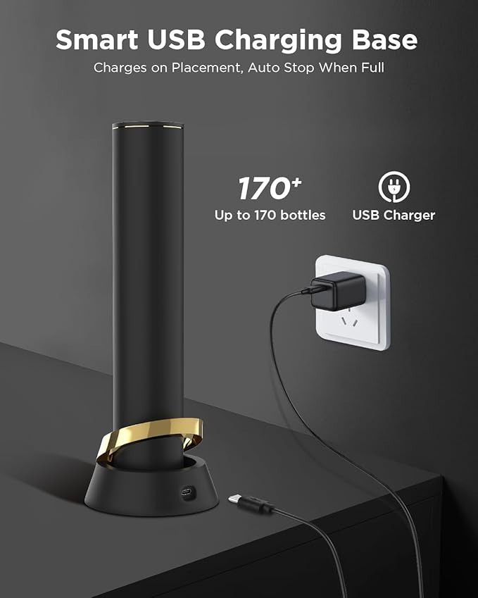Rechargeable Electric Wine Opener with Charging Base & Foil Cutter, Automatic Corkscrew for 60 Bottles, Luxury Christmas Gift for Wine Lovers Women Men - Gold & Black